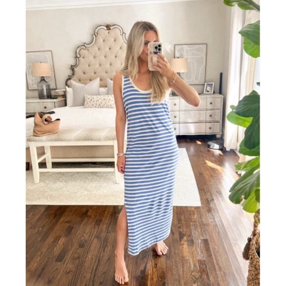 Pact NWT Softspun A Line Midi Tank Dress L Organic Cotton Striped Blue White - Picture 1 of 10